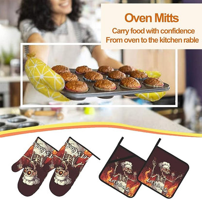 Funny Skull Oven Mitts with Matching Potholders - Heat Resistant Kitchen Accessories for Baking, Grilling, Cooking, Gifts for Women