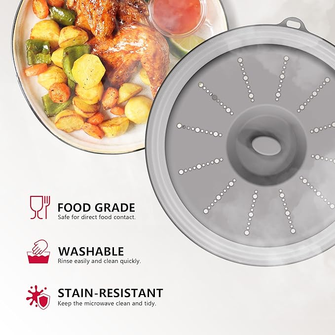 WVM Microwave Splatter Cover Vented for Food with Hook Hole, Splatter Guard & Colander Kitchen Gadget for Food, Meal Prep, Grey - Image 3