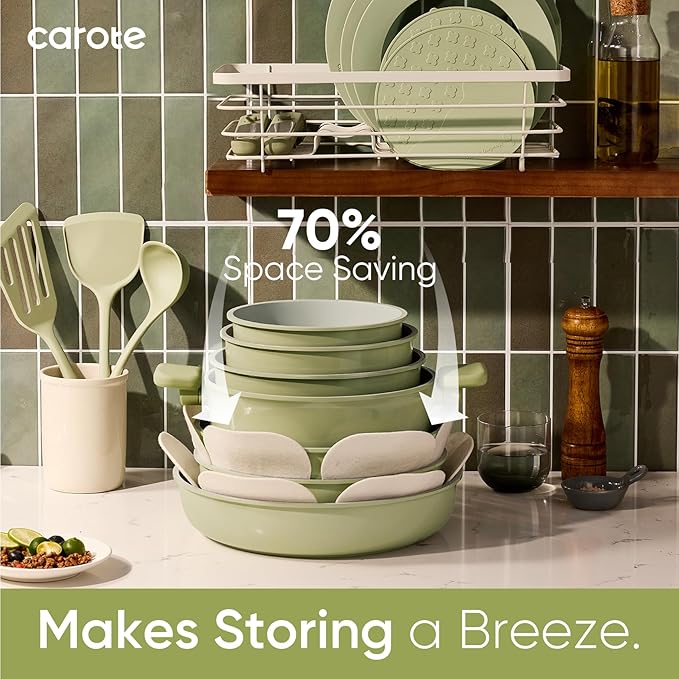 CAROTE 27pcs Ceramic Cookware Set Nonstick, Pots and Pans Set Non Stick, Non Toxic Cookware Detachable Handles, Dishwasher/Oven Safe, RV/Camping Cookware, Pan and Pot with Kitchen Utensils, Green - Image 4