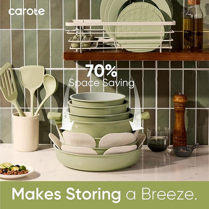 CAROTE 27pcs Ceramic Cookware Set Nonstick, Pots and Pans Set Non Stick, Non Toxic Cookware Detachable Handles, Dishwasher/Oven Safe, RV/Camping Cookware, Pan and Pot with Kitchen Utensils, Green - Image 4