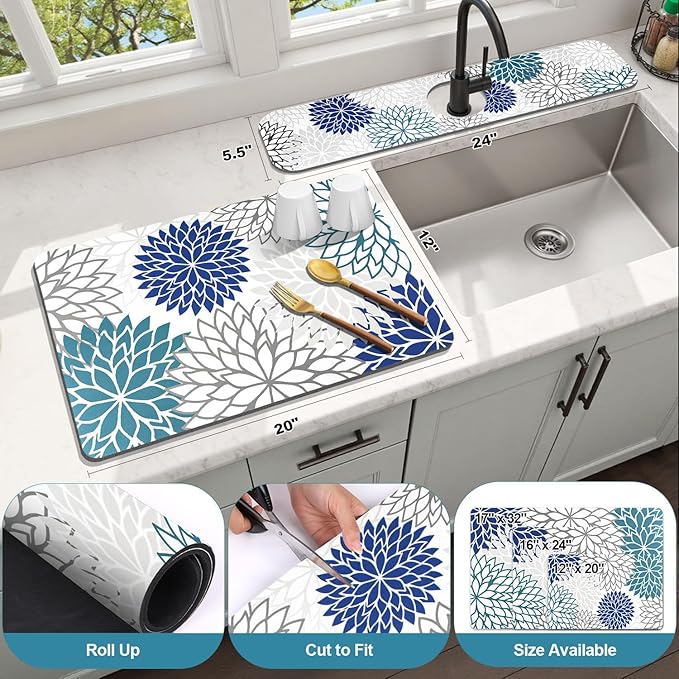Findosom 2PCS 12" x 20" Dish Drying Mat & 24" x 5.5" Sink Splash Guard, Super Absorbent & Cuttable Dish Mat Drying Kitchen Mat with Blue Floral, Hide Stain Drying Mat for Kitchen Counter - Image 2
