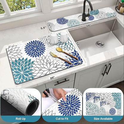 Findosom 2PCS 12" x 20" Dish Drying Mat & 24" x 5.5" Sink Splash Guard, Super Absorbent & Cuttable Dish Mat Drying Kitchen Mat with Blue Floral, Hide Stain Drying Mat for Kitchen Counter - Image 2