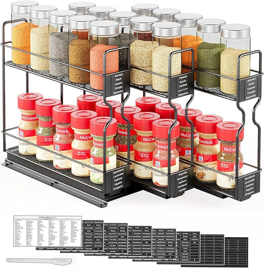 SpaceAid Pull Out Spice Rack Organizer for Cabinet, Heavy Duty Slide Out Seasoning Kitchen Organizer, Cabinet Organizer, with Labels, 7.7" W x10.75 D x10 H, 3 Drawers 2-Tier by SpaceAid