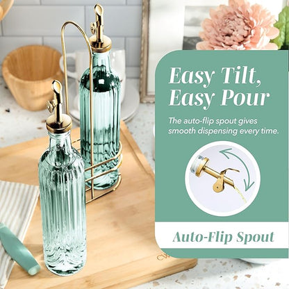 COOK WITH COLOR Glass Olive Oil Bottle Dispenser - 2 Pack- 17oz Oil and Vinegar Cruet - Olive Oil Carafe Decanter for Kitchen, Elegant Fluted, Green - Image 3