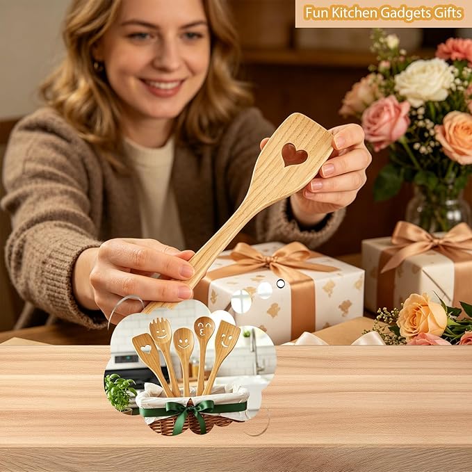 Fun Wooden Spoons for Cooking 5 Piece - Funny Kitchen Utensil Set Nonstick Smiley Face Cooking Spoons & Spatula Happy Cute Kitchen Accessories Unique Mothers Day Gifts Housewarming Gifts New Home