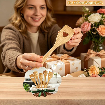 Fun Wooden Spoons for Cooking 5 Piece - Funny Kitchen Utensil Set Nonstick Smiley Face Cooking Spoons & Spatula Happy Cute Kitchen Accessories Unique Mothers Day Gifts Housewarming Gifts New Home