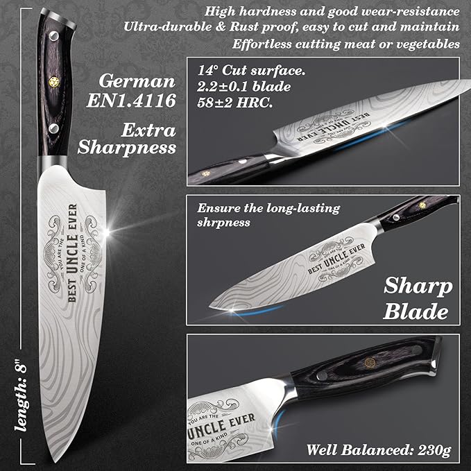 Funistree Best Uncle Ever Gifts for Men Uncle, 8 inch Professional German High Carbon Stainless Steel Chef Knife, Kitchen Cooking Knife Gifts for Birthday, Gifts for Uncle Men