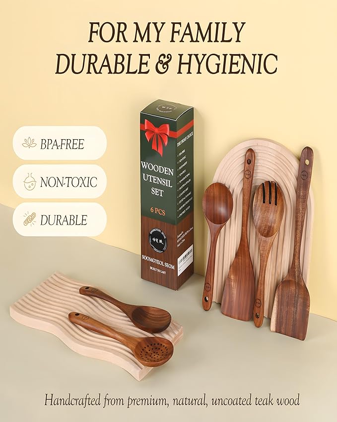 6-Piece Natural Teak Wood Utensil Set - Compact Nonstick Cooking Spoons & Spatulas, Durable Wooden Tools - Image 5