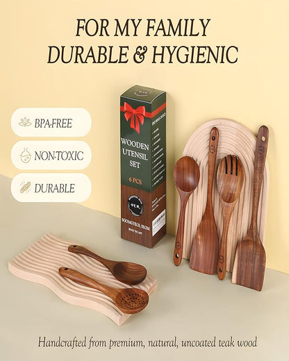 6-Piece Natural Teak Wood Utensil Set - Compact Nonstick Cooking Spoons & Spatulas, Durable Wooden Tools - Image 5