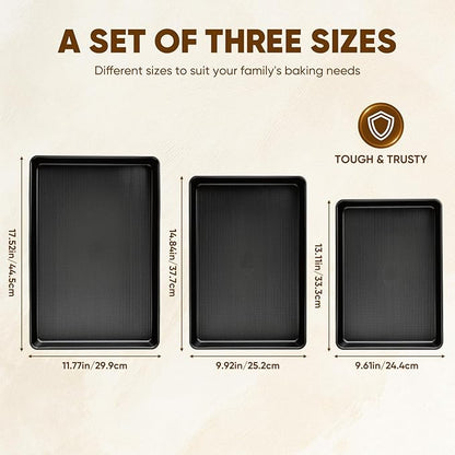 Sakerplus Nonstick Baking Sheet Pan Set of 3, Heavy Duty Cookie Sheets for Oven with Stripe Texture Pattern, 0.6mm Thick Quarter/Half/Jelly Roll Pans, Rust-Resistant & Easy Clean (Black) - Image 3