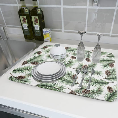 Winter Dish Drying Mat for Kitchen Counter Pine Needle Cone Festival Xmas Microfiber Absorbent Dish Draining Reusable Washable Foldable Extra Large 18"x24" - Image 6