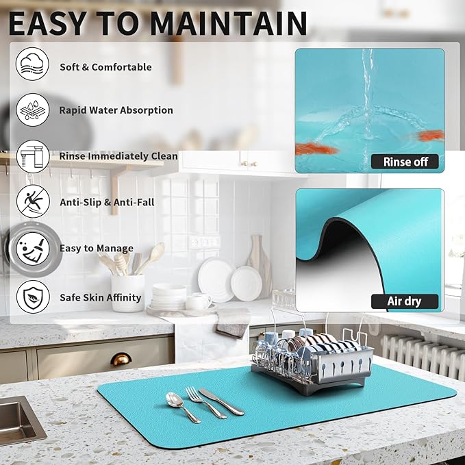 HotLive Dish Drying Mat for Kitchen Counter, Heat Resistant Drainer Mats with Non-slip Rubber Backed, Hide Stain Kitchen Super Absorbent Draining Mat, Easy to Clean Dish Rack Pad, Teal 18"x32" - Image 4