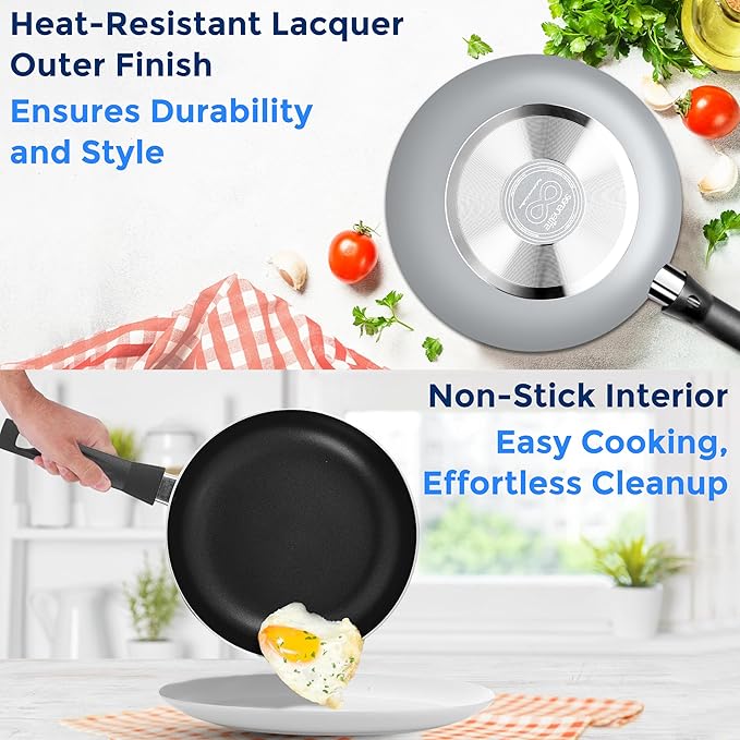 SereneLife Kitchenware Pots & Pans, Basic Kitchen Cookware Set, Black Non-Stick Coating Inside, Heat Resistant Lacquer (20-Piece Set), One Size, Gray - Image 4
