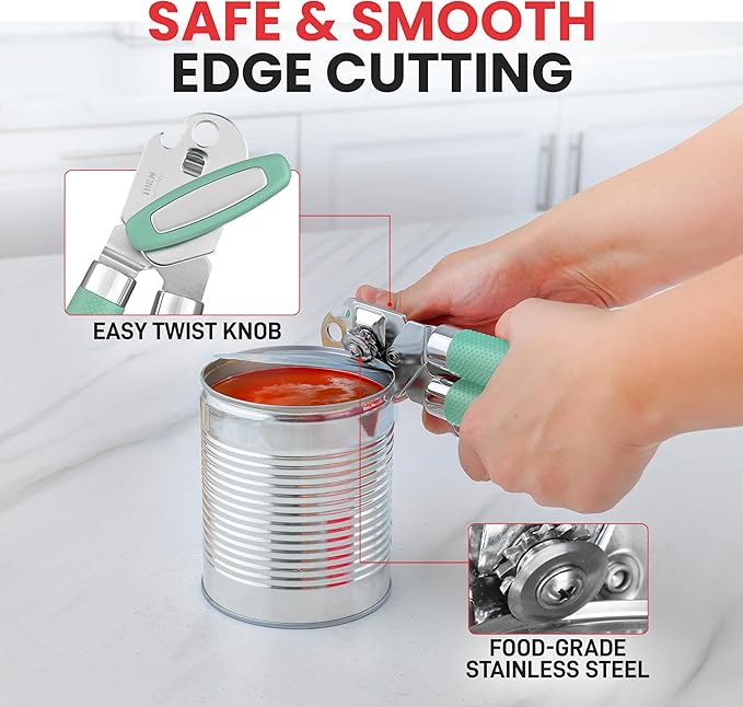 Zulay Kitchen Heavy Duty Stainless Steel Can Opener – Manual Can & Bottle Opener with Sharp Cutting Wheel & Soft Grip Handles – Ergonomic, Easy to Use Turn Knob - Mint - Image 3