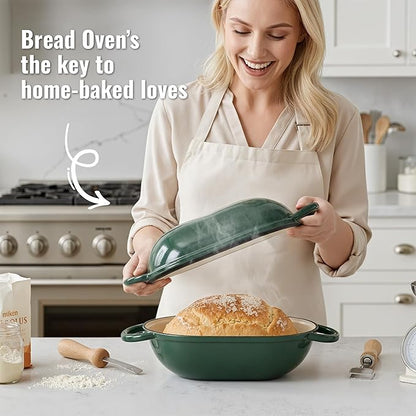 2 QT Oval Dutch Oven for Bread Baking, Enamelled Cast Iron Bread Oven for Sourdough, Sourdough Loaf Pan with Lid, Heavy-Duty Non Stick Bread Pan for Homemade Bread Baking, Green