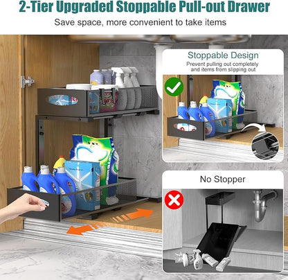 Housolution 2 Pack Under Sink Organizer, 2 Tier Metal Pull Out Under Sink Storage with Sliding Mesh Drawers, Height Adjustable Slide Out Under Sink Organizer for Kitchen Bathroom Cabinet, Black