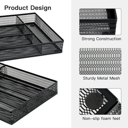 Neudeco Drawer Organizer Set 6 Pack - 5-Compartment Silverware Organizer Tray + 5 Utensil Trays, Kitchen Drawer Organizer for Flatware, Cutlery, Office Supplies, Black Mesh, Non-Slip.