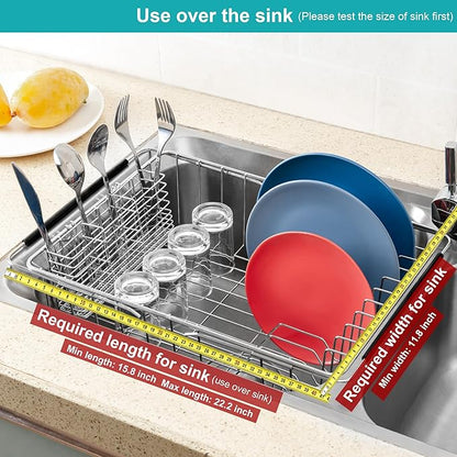 iPEGTOP Expandable Dish Drying Rack Over Sink, Rustproof Stainless Steel Basket Shelf, Multifunctional Dish Drainer Organizer with Utensil Cutlery Holder