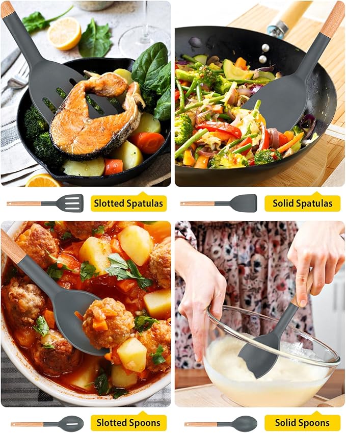 Pack of 4 Silicone Cooking Utensils Set, Non Stick Solid Spatulas and Heat Resistant Slotted Spoons with Wooden Handle, Ideal Wood Kitchen Utensils Set for Frying,Serving,Turning,Stirring (GRAY) - Image 5