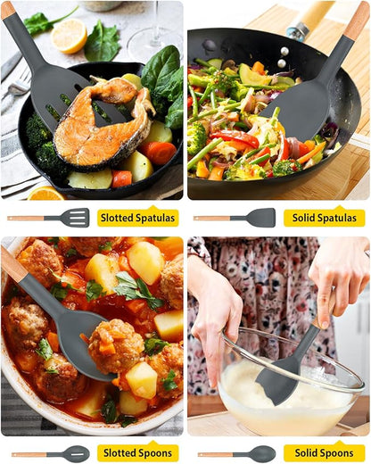 Pack of 4 Silicone Cooking Utensils Set, Non Stick Solid Spatulas and Heat Resistant Slotted Spoons with Wooden Handle, Ideal Wood Kitchen Utensils Set for Frying,Serving,Turning,Stirring (GRAY) - Image 5