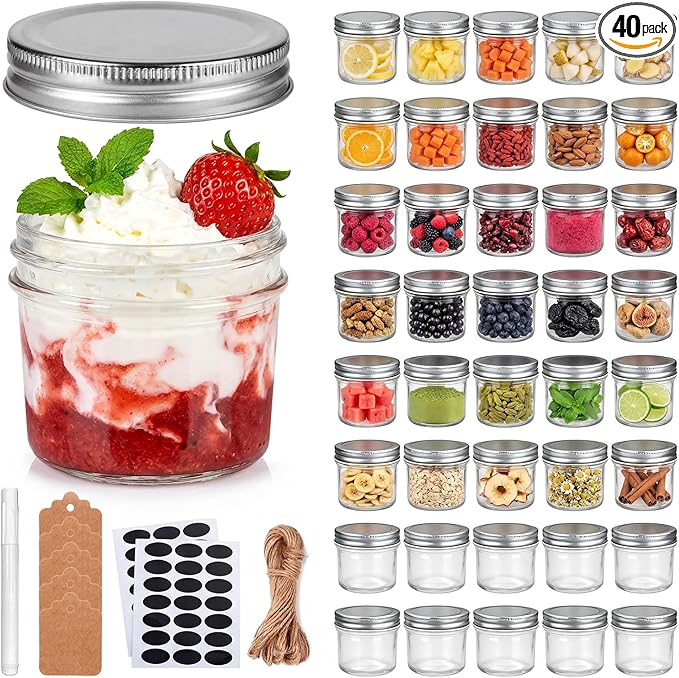 QAPPDA 4oz Glass Jars With Lids,Small Mason Jars Wide Mouth,Mini Canning Jars With Silver Lids For Honey,Jam,Jelly,Wedding Favor,Shower Favors,Spice Jars For Kitchen Storage & Home,Set of 40 by QAPPDA