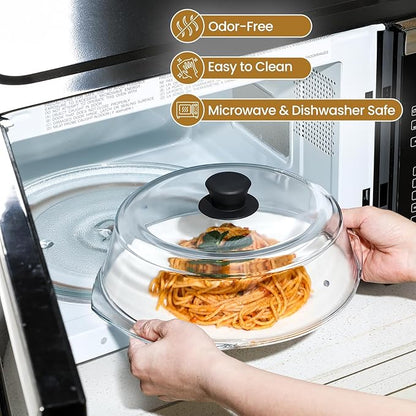 2 in 1, Tall Glass Microwave Splatter Cover for Food & Microwave Place Mat, Plate Splatter Guard Lid with Silicone Handle Knob, Cookware & Bakeware Serving Dish Cover, Food Grade, No Plastic, 10in - Image 5