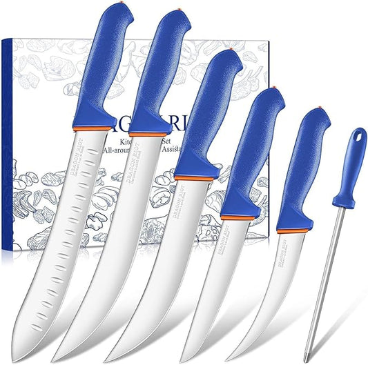DRAGON RIOT 6 Pcs Butcher Knives Set, Meat Processing Knife Set for Brisket Trimming with German Stainless Steel and Blue Non-slip Handle Gift for Men