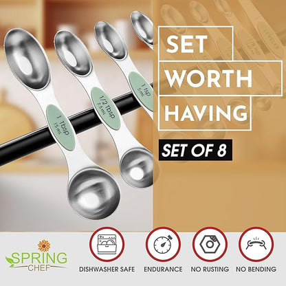 Spring Chef Stainless Steel Magnetic Measuring Spoons Set of 8 with Leveler, Dual Sided Teaspoon & Tablespoon Set, Nesting Metal Kitchen Gadgets for Baking & Cooking, Fits in Spice Jars - Pistachio - Image 2