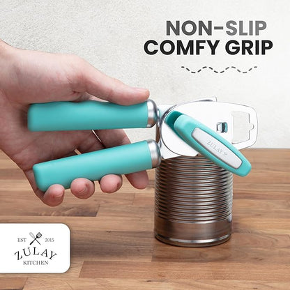 Zulay Kitchen Heavy Duty Stainless Steel Can Opener Manual with Bottle Opener - Rust Proof Manual Can Opener With Turn Knob & Comfy Soft Grip Handles - Teal - Image 5