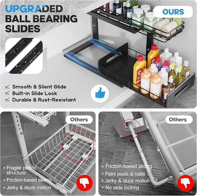 Under Sink Organizer Upgrade To Professional Rails,2-Tier Dual Pull Out Cabinet Storage,Height Adjustable Slide Out Drawers For Bathroom Kitchen,2 Pack-18.5"Dx12.8"-16.9"H,Black - Image 3