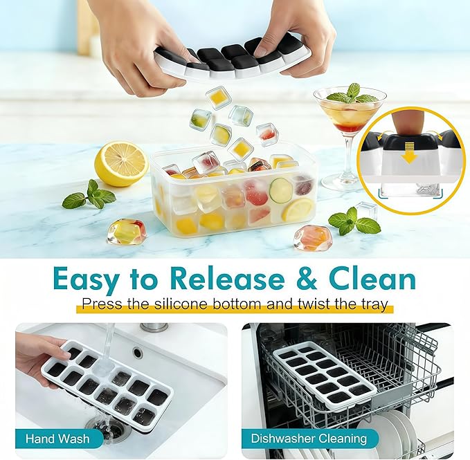 NFK Ice Cube Tray with Lid & Bin - 4 Pack 48 Cubes Stackable Silicone Trays for Freezer with Storage Container, Leak-Proof Lids, BPA-Free, Easy Release for Kitchen, RV, Party, Cocktail & Coffee - Image 5