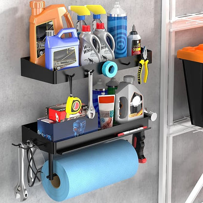 ZUNTO Pack of 2 Black Paper Towel Holder and Organizer Shelf for Garage, Wall Mounted Paper Roll Holder with Shelf and Hooks, Drilling Garage Organization and Storage by ZUNTO