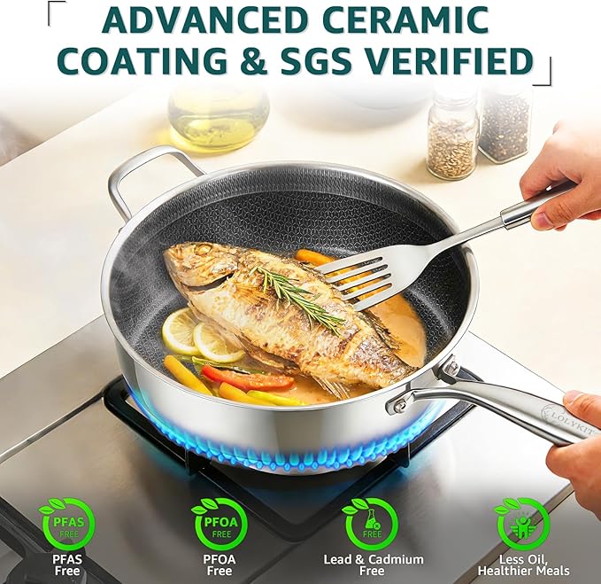 LOLYKITCH 5.5-Quart Hybrid Sauté Pan with Lid, 12-Inch Nonstick Deep Skillet with Fry Basket & Tongs, 3-ply Stainless Steel Large Frying Pan with Steam Insert, Works on All Cooktops - Image 3