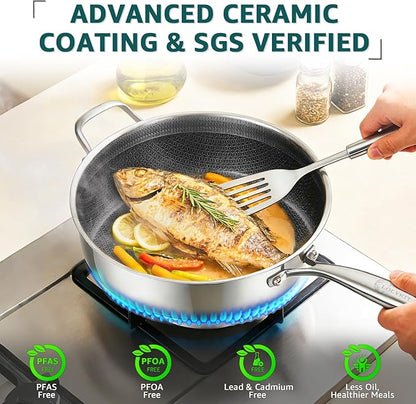 LOLYKITCH 5.5-Quart Hybrid Sauté Pan with Lid, 12-Inch Nonstick Deep Skillet with Fry Basket & Tongs, 3-ply Stainless Steel Large Frying Pan with Steam Insert, Works on All Cooktops - Image 3