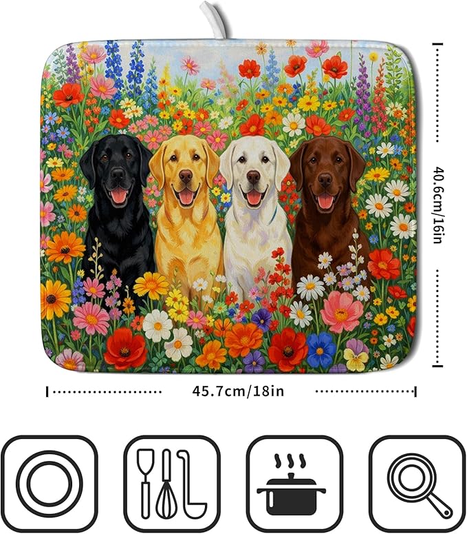 Flower Dog Dish Drying Mat Spring Floral Microfiber Absorbent Dish Drying Pad for Kitchen Counter - Image 2