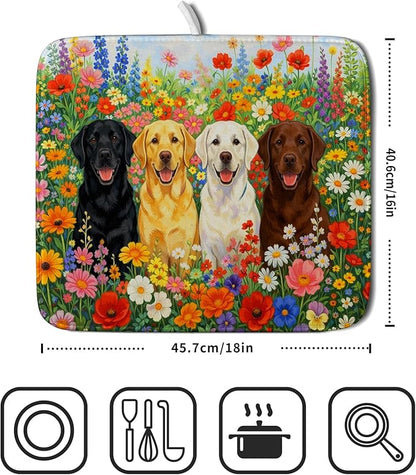 Flower Dog Dish Drying Mat Spring Floral Microfiber Absorbent Dish Drying Pad for Kitchen Counter - Image 2