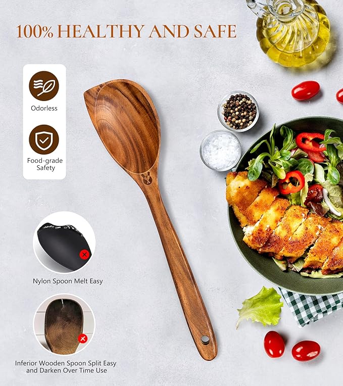 Wooden Spoons for Cooking, Natural Premium Teak Wood Corner Spoon, Good Grip Large Wooden Spoons & Wooden Spatula, Heat Resistant Wooden Cooking Utensils for Nonstick Cookware Cooking Gift - Left Hand - Image 5
