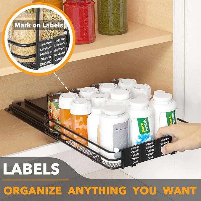 SpaceAid Pull Out Spice Rack Organizer for Cabinet, Heavy Duty Slide Out Seasoning Kitchen Organizer, Cabinet Organizer, with Labels and Chalk Marker, 8.5" W x10.75 D x2.5 H, 1 Drawer 1-Tier - Image 5