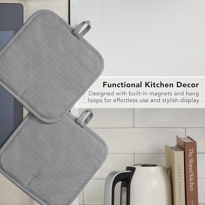 KITCHENAID Gourmet Series Gridlines Pot Holders 2-Pack Set, Heat Resistant up to 600°F, Soft Silicone Grip, Magnetic Cuff, Matte Grey, 8"x8" - Image 6