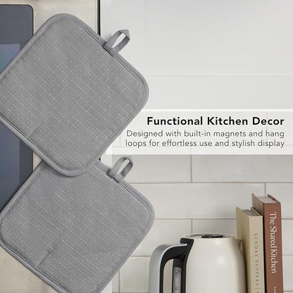 KITCHENAID Gourmet Series Gridlines Pot Holders 2-Pack Set, Heat Resistant up to 600°F, Soft Silicone Grip, Magnetic Cuff, Matte Grey, 8"x8" - Image 6