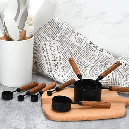 Black Measuring Cups and Spoons Set, Measuring Spoons and Measuring Cup Set for Cooking & Baking with Wood Handle