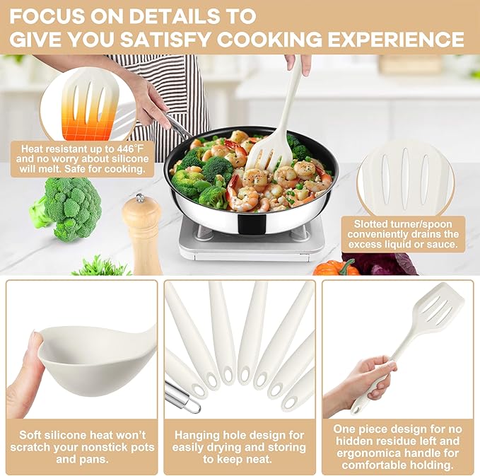 TeamFar 8 PCS Silicone Cooking Utensils - 446°F Heat Resistant Kitchen Silicon Utensils Set, Turner, Spatula, Spoon, Whisk, Kitchen Cooking Gadgets Tools for Nonstick Cookware, Dishwasher Safe-White - Image 3
