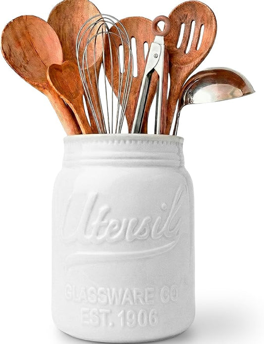 Comfify Wide Mouth Mason Jar Utensil Holder Decorative Kitchenware Organizer Crock - Perfect Cookware Gift - White, Large Size 5.4x6.75 by Comfify