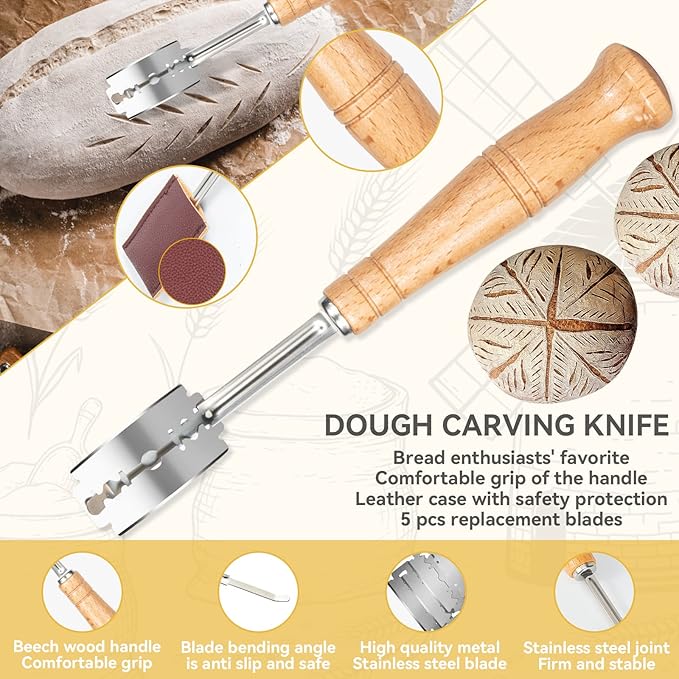 Danish Dough Whisk - Bread Whisk Set of 3 pieces, Bread Making Tools and Supplies, Danish Sourdough Whisks, Dutch Whisks for Dough, With Dough Scraper Sourdough Cutter, Lame Doughs Scoring Tool Blades - Image 4
