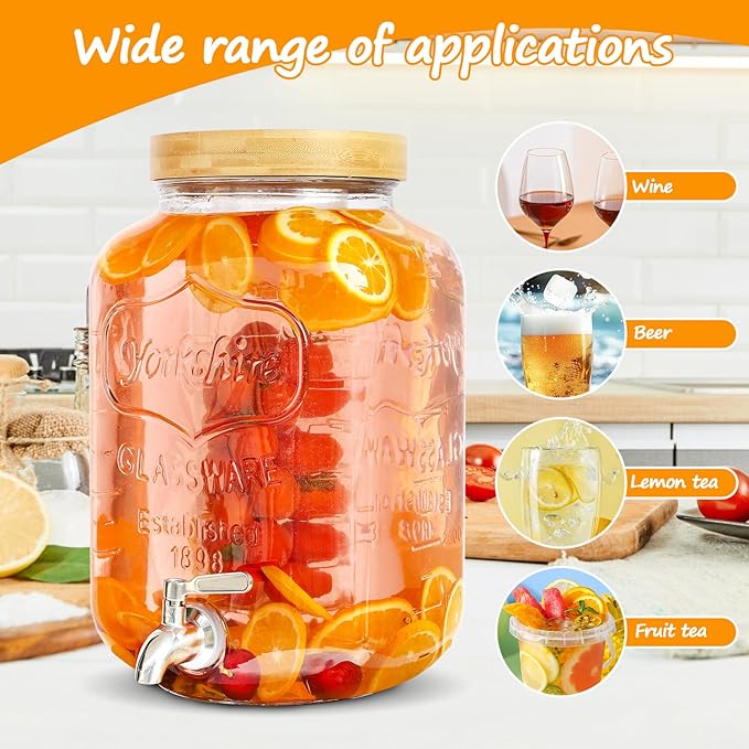 2 Gallon Drink Dispenser with Stand，Glass Beverage Dispenser With Wood Stand, 18/8 Stainless Steel Spigot and Labels Large Water Drink Dispensers for Parties, Lemonade,Juice, Tea - Image 4