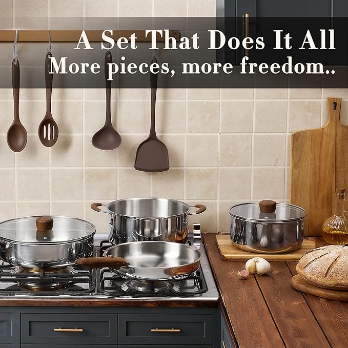 CAROTE 19pcs Stainless Steel Cookware Set with Detachable Handle, Pots and Pans Set, Induction Kitchen Cooking Sets, RV/Camping Cookware, Removable Handle, Oven Safe, Woodgrain - Image 7