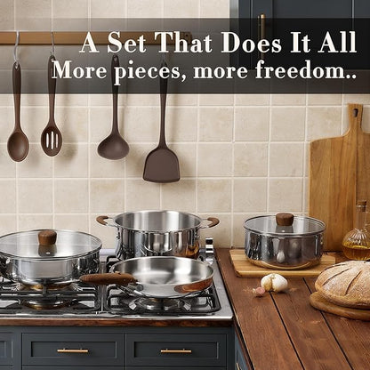 CAROTE 19pcs Stainless Steel Cookware Set with Detachable Handle, Pots and Pans Set, Induction Kitchen Cooking Sets, RV/Camping Cookware, Removable Handle, Oven Safe, Woodgrain - Image 7
