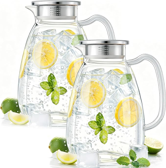 Glass Pitcher with Lid and Handle, 2.2L Borosilicate Glass Water Carafe, Stainless Steel Dual-Filter Lid, Heat Resistant for Hot/Cold Beverages – Iced Tea, Coffee, Juice, Cold Brew, 2 Pack by Unknown