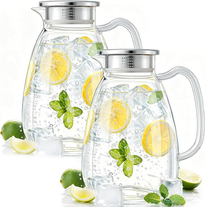 Glass Pitcher with Lid and Handle, 2.2L Borosilicate Glass Water Carafe, Stainless Steel Dual-Filter Lid, Heat Resistant for Hot/Cold Beverages – Iced Tea, Coffee, Juice, Cold Brew, 2 Pack by Unknown