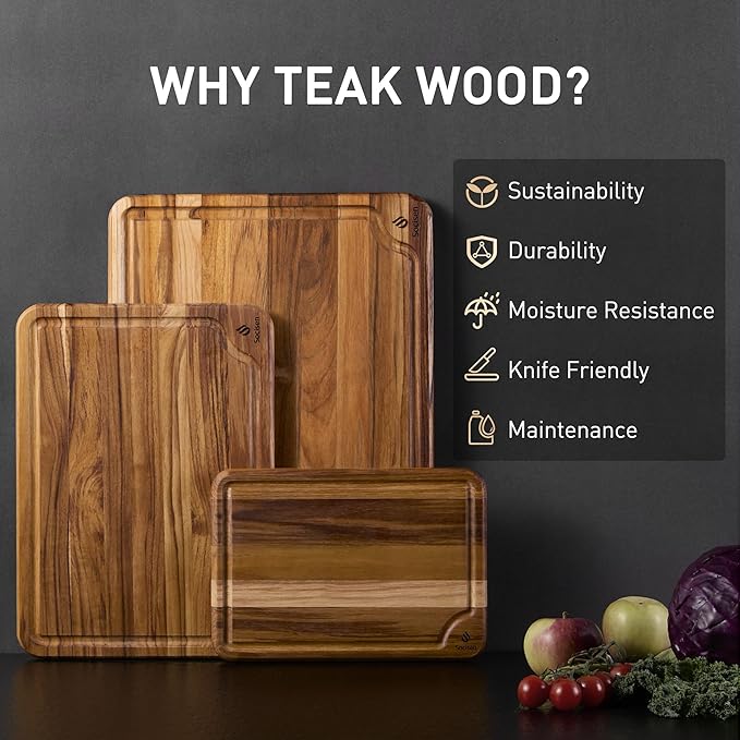 Teak Wood Cutting Board Set for Kitchen High-End Non Toxic Non Slip Over Sink Solid Thick Wood Haus Chopping Board Extra Large Big Small Best Kitchen Essential House Warming Hostess Host Gift - Image 2